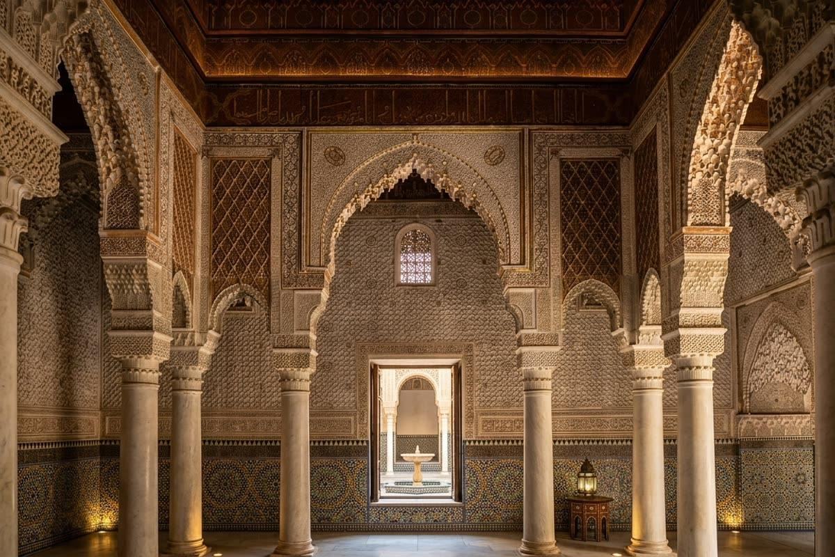 Carved arches, muqarnas and zellige detailing inside the Saadian Tombs