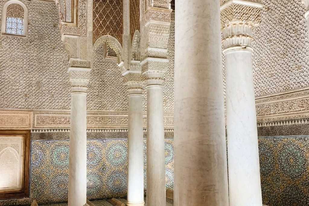 Marble columns and zellige in the Chamber of the Twelve Columns