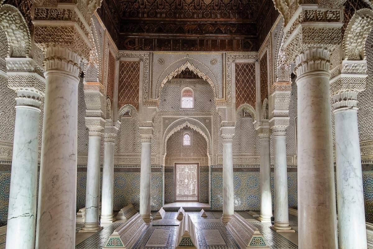 Columned prayer hall with a decorated mihrab at the Saadian Tombs