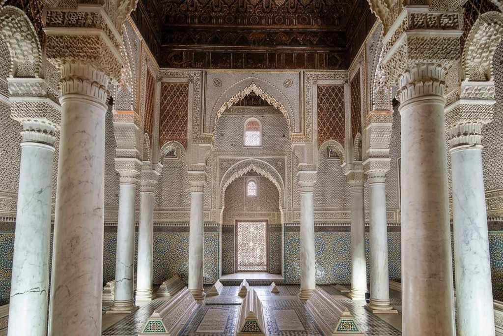 Columned prayer hall with a mihrab at the Saadian Tombs