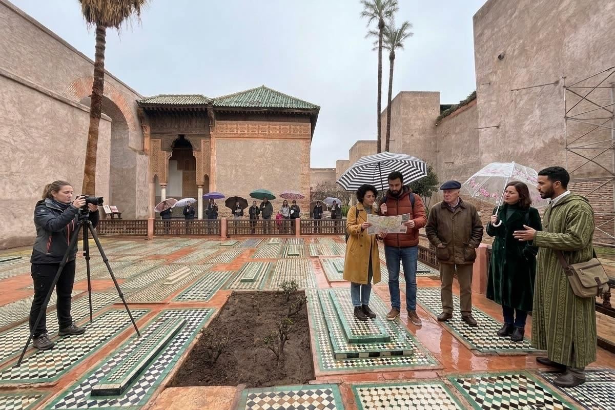 Courtyard with palms and visitors at the Saadian Tombs, Marrakech