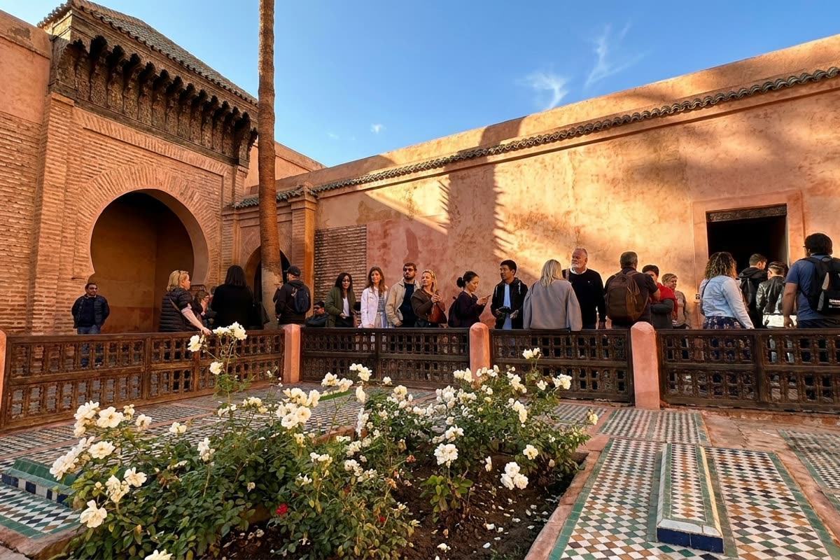 Rose garden and tiled graves in the courtyard of the Saadian Tombs