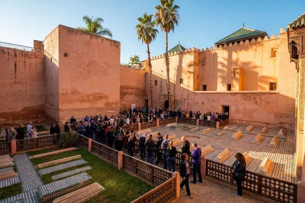 Visitors in the courtyard near the entrance to the Saadian Tombs