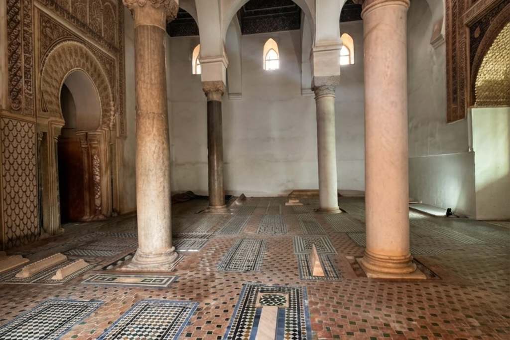 Marble columns and patterned floor at the Saadian Tombs